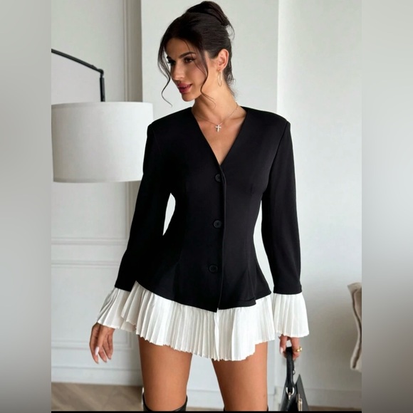 SHEIN Dresses & Skirts - Waist Cinched A-Line Deep V Pleated Ruffle Elegant Office Blazer